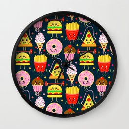 Fit Fast Food (Navy) Wall Clock | Funny, Healthyfood, Tigatiga, Red, Graphicdesign, Golden, Exercise, Food, Kawaiifastfood, Repeatpattern 