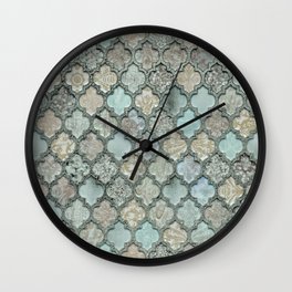 Old Moroccan Tiles Pattern Teal Beige Distressed Style Wall Clock | Oriental, Gemstone, Teal, Traditional, Palace, Bohemian, Arabic, Pattern, Morocco, Elegant 