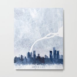 Detroit Skyline & Map Watercolor Navy Blue, Print by Zouzounio Art Metal Print | Abstractwatercolor, Cityscape, Michigan, Zouzounioart, Skylinewatercolor, Homeofficedecor, Graphicdesign, Abstractpainting, Detroit, Darkblue 