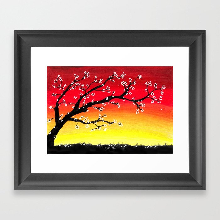 Drawing Sunset And A Blossom Tree Framed Art Print By