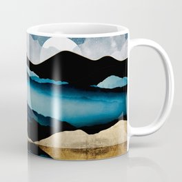 Midnight Mountain Coffee Mug | White, Moon, Abstract, Digital, Stars, Bohemian, Ocean, Blue, Contemporary, Lake 