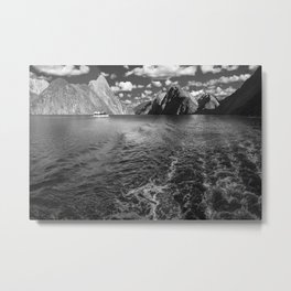 A boat ride in the morning at Milford Sound in black and white Metal Print | Boat, Mountain, Trail, Photo, Fiordland, Sky, Alpine, Nationalpark, Newzealand, Clouds 