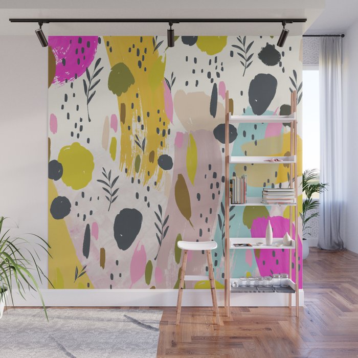 Pink And Yellow Abstract Art Trendy Modern Pattern Wall Mural By