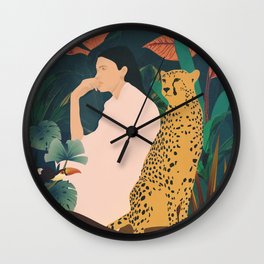 Into The Wild Wall Clock | Leaves, Drawing, Jungle, Woman, Abstract, Illustration, Forest, Leopard, Girl, Panter 