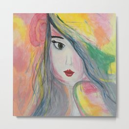 Pretty Girl. Yellow Pink and Green Girl Painting by Jodi Tomer. Figurative Abstract Pop Art. Metal Print | Pink, Blue, Pinkflower, Acrylic, Jodilynpaintings, Girls, Girlpainting, Girl, Flower, Pretty 