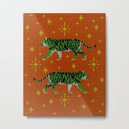 Cross-Stitched Tigers (Orange and Green) Metal Print | Cross Stitched, Cozy, Green, Folk, Stars, Tigers, Tiger, Illucalliart, Big Cats, Orange 