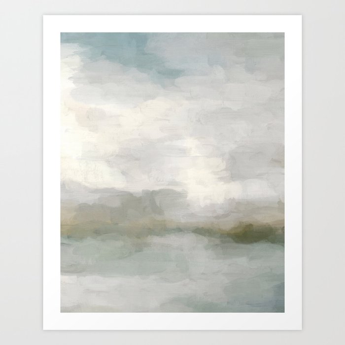 Modern Abstract Painting Light Teal Sage Green Gray Cloudy