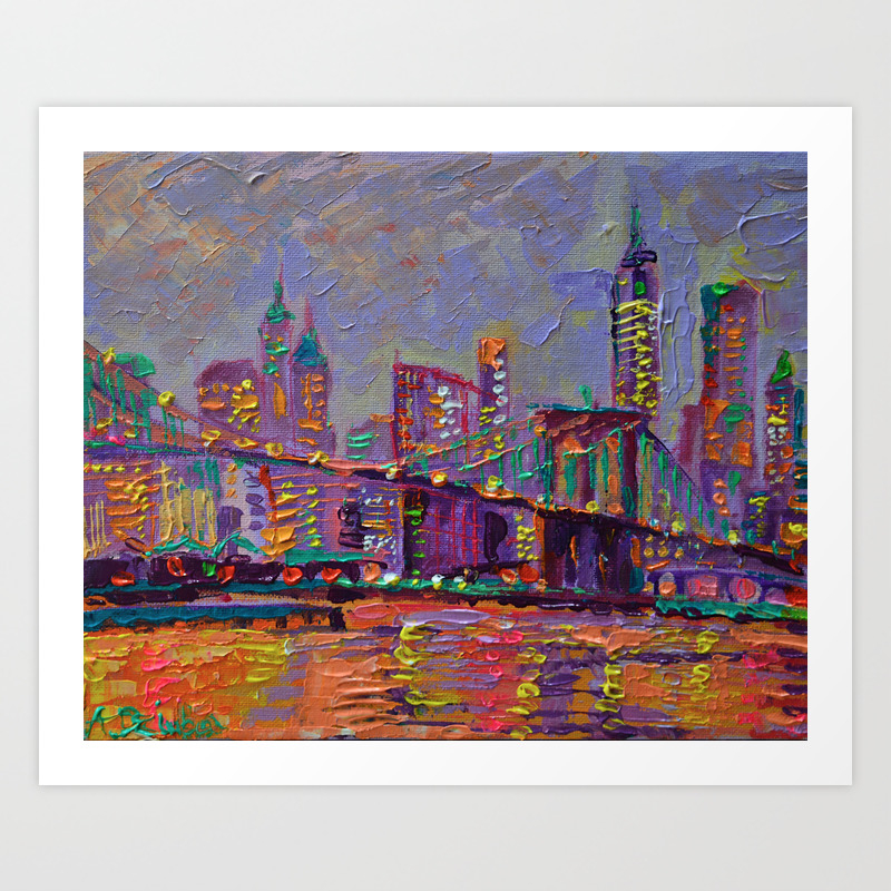 New York City Lights Palette Knife Painting Abstract Manhattan Skyline Brooklyn Bridge Art Print By Adrianadziubaart Society6