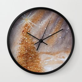 Magical Gold Christmas Tree in Snowy Night Watercolor Wall Clock | Painting, Jodimckinney, Tree, Mckinneyx2Designs, Starlight, Snowy, Believeinthemagic, Holiday, Magical, Christmastree 