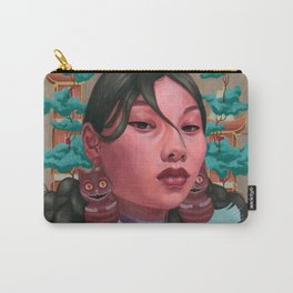 Utopic Cultures I Carry-All Pouch | Nature, Wood, Cats, Portraiture, Exotic, Girl, Colorful, Green, Portrait, Illustration 