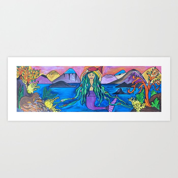 The Maiden of Deception Pass Offers a Bittersweet Goodbye to the Cliffside Scotch Broom Art Print | Painting, Sea, Mermaid, Wildflowers, Otter, Pacific-northwest