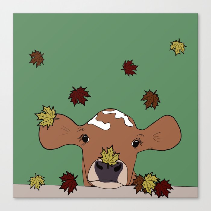 Bessie the Calf and Fall Leaves Canvas Print | Drawing, Digital, Cow, Cattle, Calf, Bovine, Fall-decor, Autumn-decor, Autumn-leaves, Cow-decor