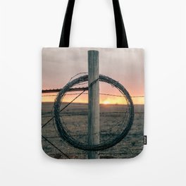 Full Circle - Fence Post and Rolled Barbed Wire at Sunset in Oklahoma Tote Bag