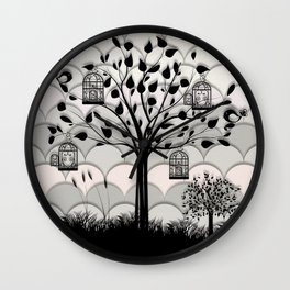 Paper landscape B&W Wall Clock | Birdcage, Tree, Figurative, Landscape, Illustration, Graphic Design, Black and White, Digital, Graphicdesign, Nature 