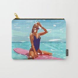 Beach view XIV Carry-All Pouch | Summertime, Digital, Fashiontrend, Illustration, Pinksurfboard, Bluewater, Surflovers, Fashionpeople, Surfergirl, Vectorpainting 
