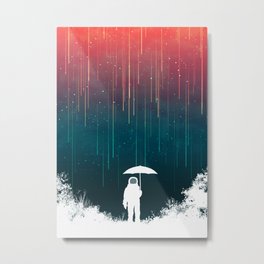 Meteoric rainfall Metal Print | Fiction, Painting, Sky, Outdoor, Space, Surreal, Meteor, Umbrella, Illustration, Alone 