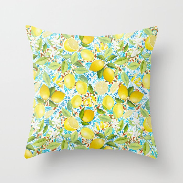 Mediterranean Blue Tiles And Fruity cool Lemons Throw Pillow