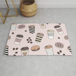 Coffee lovers morning routine coffee cups to go and donuts blush pink Rug