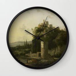 Italina landscape with round tower, Frederik de Moucheron, 1667 Wall Clock | Beautiful, Sun, Autumn, Background, Morning, Scenic, Season, View, Outdoor, Mountain 