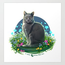 Gray Cat in the Flower Garden Art Print