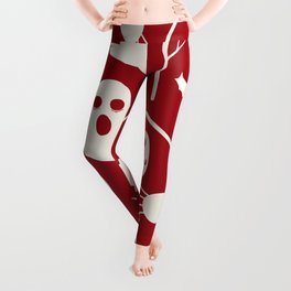 Halloween White Ghost Silhouette Black Cat and Spider on Red Background Leggings