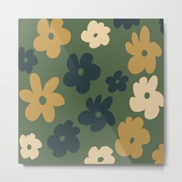 Retro Flowers - Green Metal Print | Nature, Abstract, Retro, Bohemian, Fun, Flowers, Organicshapes, Plants, Botanical, Flower 