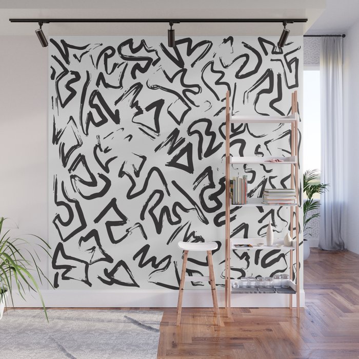 Modern Black White Abstract Graffiti Brushstrokes Wall Mural By