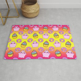 Cute funny Kawaii chibi little playful baby bunnies, happy sweet donuts and adorable colorful yummy cupcakes sunny bright yellow and raspberry pink seamless pattern design. Rug
