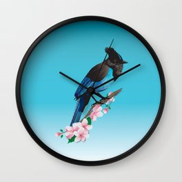 Steller’s Jay Bluebird Wall Clock | Bird Illustration, Japanese Flowers, Backyard Birds, Stellars Jay, Bird Feathers, Black Headed Bird, Turquoise Feathers, Bluebird, Drawing, Birds Nature 