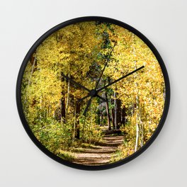 Yellow Tree Road // Hiking in the Forest Deep Into Autumn Colorful Trees Wall Clock | Mountain Mountains, Nature Park Decor, Abstract Color Photo, Montana Tranquil, Yosemite National, Camping Travel Sky, Landscape In Winter, Wilderness Adventure, Leaves Leaf Aspen, Country Of Woodlands 