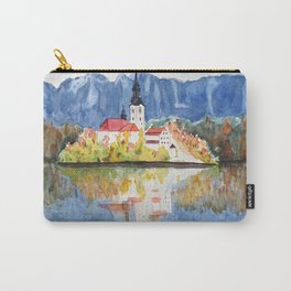 Church of the Assumption in Lake Bled Slovenia Carry-All Pouch | Reflectionarts, Autumnarts, Landscapearts, Famouslandmarkarts, Pilgrimagechurch, Painting, Lakewatercolor, Whitearts, Greenarts, Churchpainting 