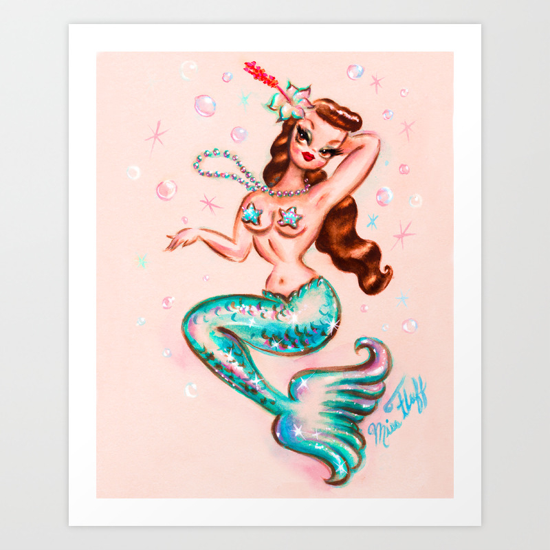 Pinup Mermaid with Pearls Art Print by Miss Fluff | Society6