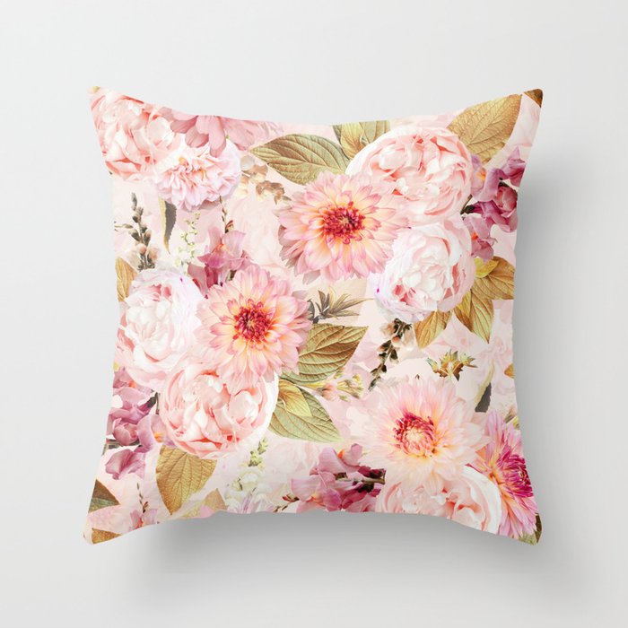 Peach Peonies Roses And Dahlia Fall Garden Throw Pillow