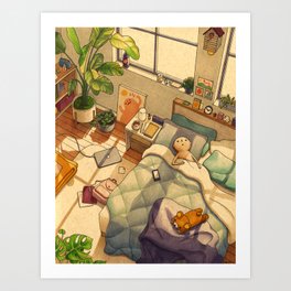 Afternoon Nap Kunstdrucke | Bed, Drawing, Light, Warm, Apartment, Curated, Interior, Sun, Illustration, Cozy 