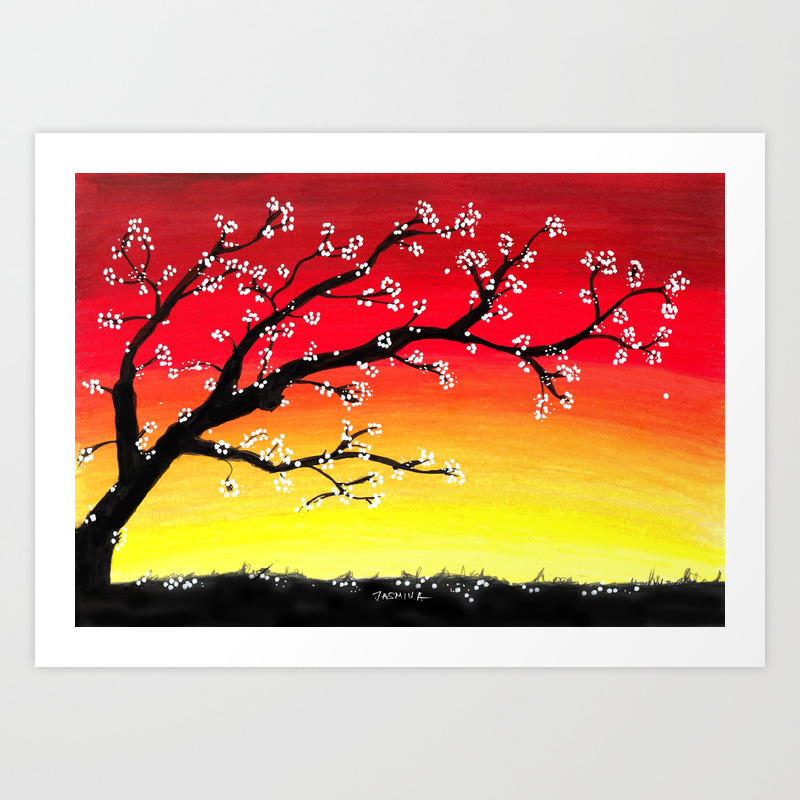 Wallpaper Drawing Sunset And A Blossom Tree Art Print By Jasminasusakprints Society6 Desktop Wallpaper Free