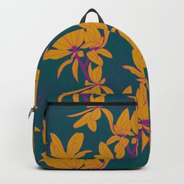 Tropical Fever Dream Backpack | Plantwall, Tealandorange, Summernights, Vibrantflowers, Goldandteal, Splatterpaint, Dreamy, Goldandpink, Digitalpainting, Tropicalpattern 