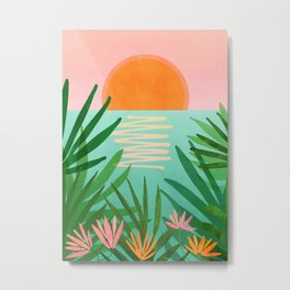 Tropical Views - Pink and Green Landscape Illustration Metal Print | Landscape, Illustration, Orange, Green, Sunrise, Beach, Jungle, Ocean, Garden, Pink 