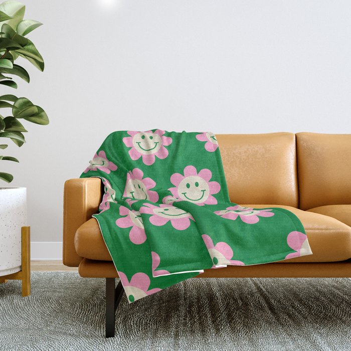 70s Retro Smiley Floral Face Pattern in Green, Pink & Beige Throw Blanket by MXTP