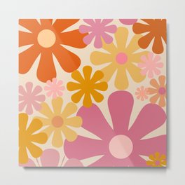Retro 60s 70s Flowers Thulian Pink Orange Cream Pattern Metal Print | Floral, Flower Power, Aesthetic, Pattern, Vintage, Cool, 1970S, Trendy, Digital, 70S 