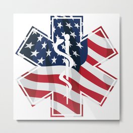 Patriotic Paramedic EMT EMS Star of Life Medical Service Symbol with USA Flag Overlay Metal Print | Hospital, Serpent, Flag, Snake, Rodofasclepius, Pride, Ambulance, Emergency, Patriotic, Emt 