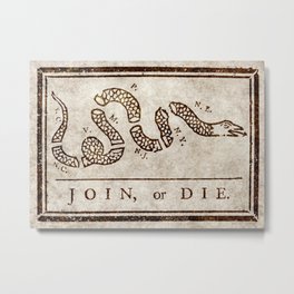 Join or die Metal Print | American, Revolution, Gazette, Slicedsnake, Joinordie, Snake, Typography, Black and White, Drawing, Benjaminfranklin 