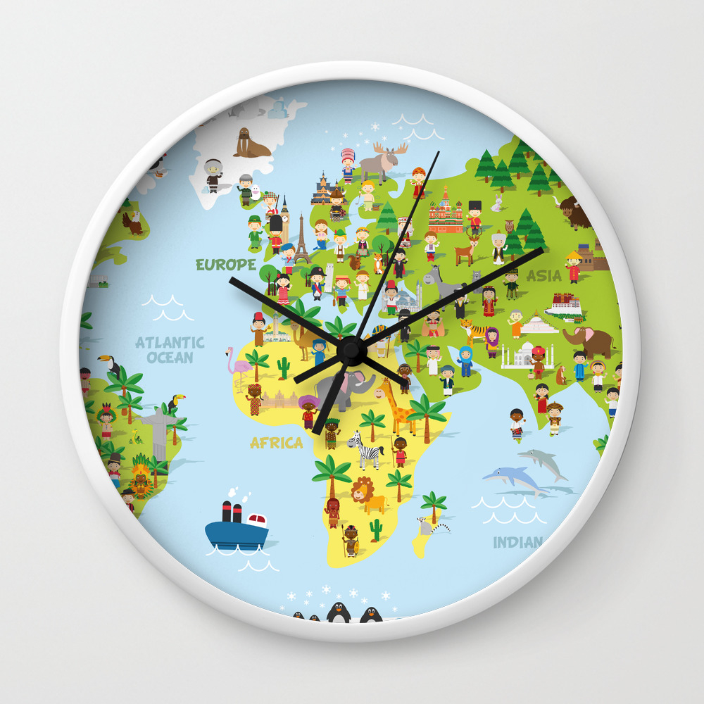 Funny cartoon world map with childrens of different nationalities, animals  and monuments. Wall Clock by 79dsigns | Society6