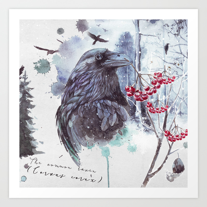 Ravens Abstract Watercolor Splash Winter Forest Scene Art Print By