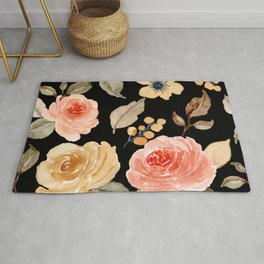 Countryside Midnight Botanical Vintage Roses Rug | Cottage Farm Night, Blush Pink And, Painting, Roses Flowers Flower, Patternwatercolor, Tropical Forest, Botanical Rose Flora, Garden Gardening, Botanic Leaves Leaf, Bauerngarten 