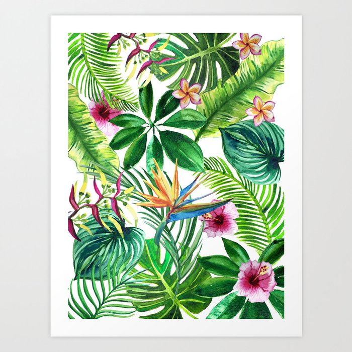 Background Of Tropical Leaves And Palm Flowers Watercolor