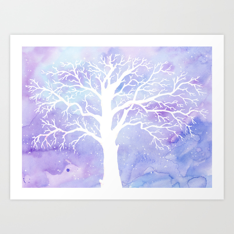 Watercolor Abstract Winter Oak Tree Purple Background Art Print By