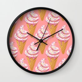 Strawberry ice cream pattern in waffle cone Wall Clock | Icecreamparlor, Frozenyogurt, Graphicdesign, Digital, Dessert, Icecream, Wafflecone, Topping, Meltingicecream, Pattern 