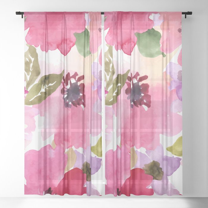 Watercolor Flowers Pink Fuchsia Sheer Curtain by junkydotcom | Society6