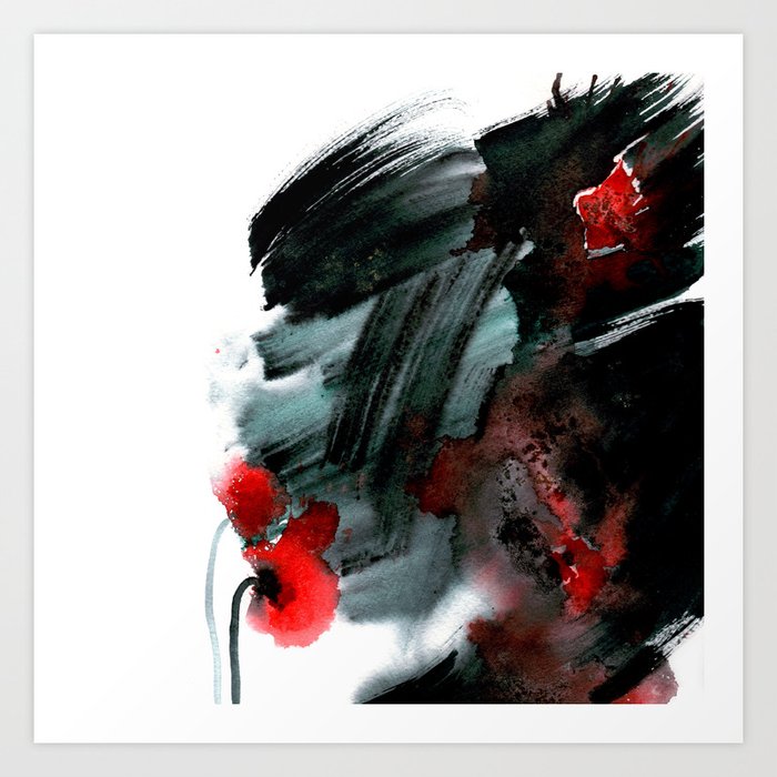 Original Watercolor Black And White Painting With Abstract Red