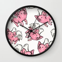 Flying Pigs Wall Clock | Dream, Kids, Fairytale, Pattern, Book, Imagination, Pink, Pigs, Fantasy, Illustration 